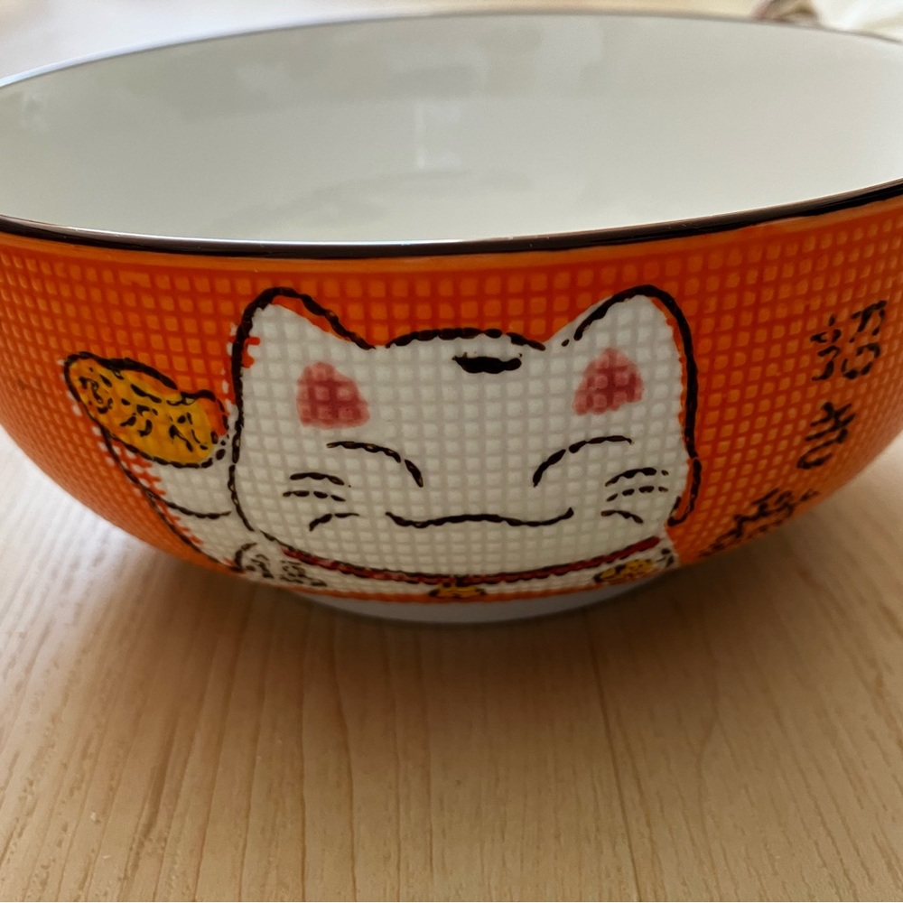 Orange Japanese Maneki-Neko Bowl With 4 Small Animal Bowls